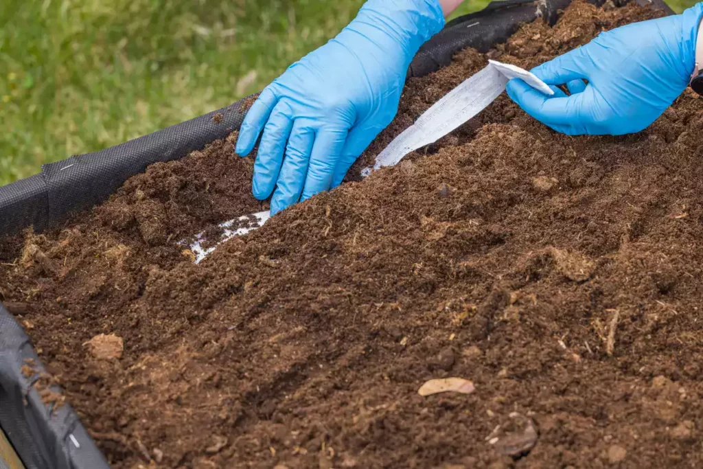 Des mains gantées placent soigneusement un ruban présemé dans un sol riche, illustrant le processus de mise en terre pour un jardinage efficace et pratique.