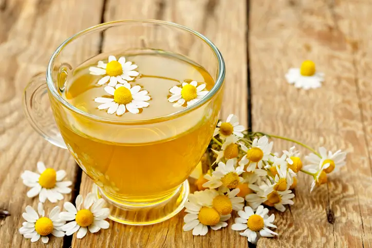 Tasse de tisane à la petite camomille avec des fleurs fraîches sur une table en bois.