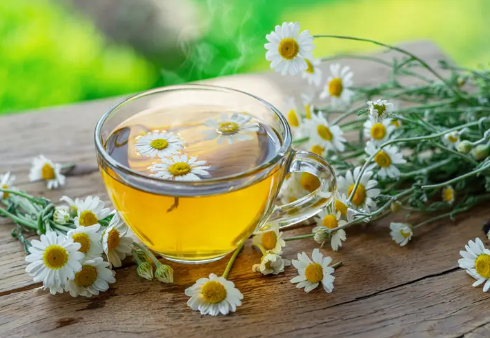 Tasse de tisane à la camomille avec des fleurs de camomille fraîches sur une table en bois.