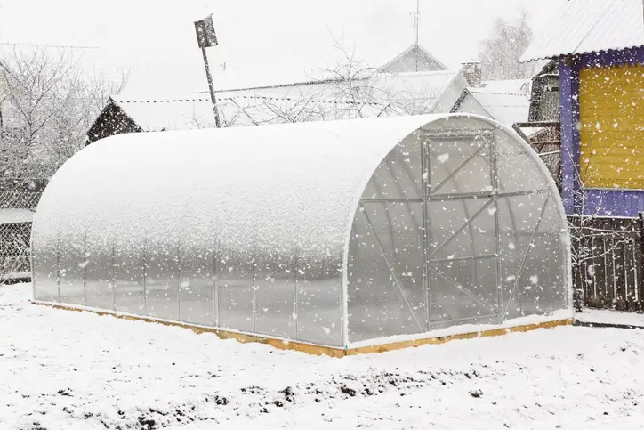 Une serre recouverte de neige dans un jardin en hiver