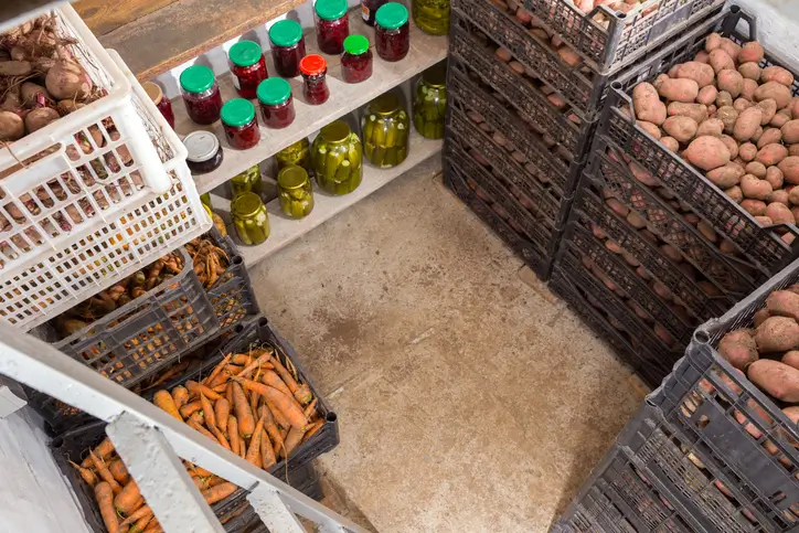 Un garde-manger avec des caisses de carottes, pommes de terre et des bocaux de conserves sur une étagère, incluant des cornichons et des confitures. les légumes sont en silo