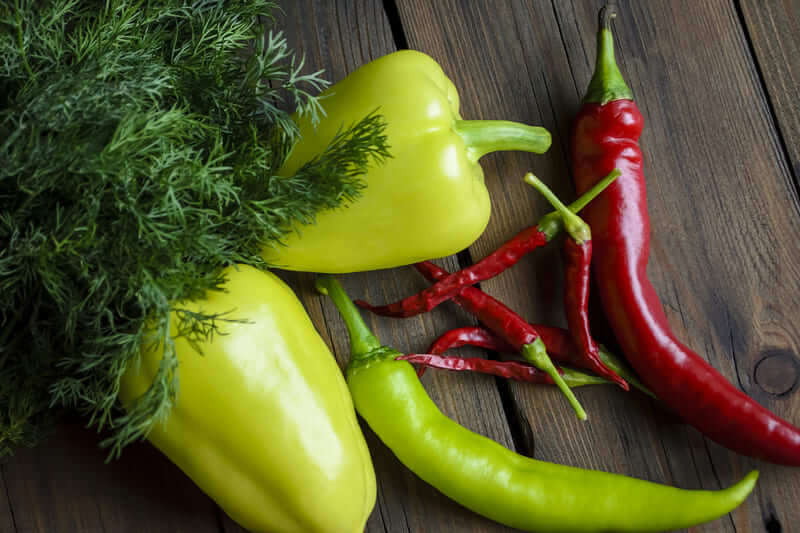 Poivrons jaunes, piments rouges et verts posés sur une table en bois avant repiquage au potager
